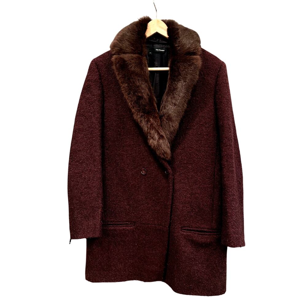 The Kooples Burgundy Wool Coat Removable Fur Collar Double Breasted Size 36 S